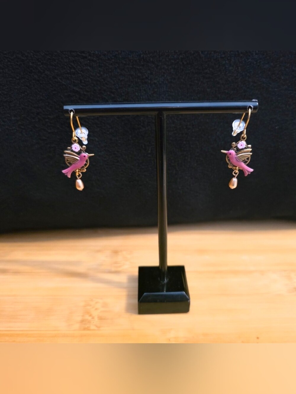 Silver Forest Pink Hummingbird Drop Earrings with Gold-Tone Accents